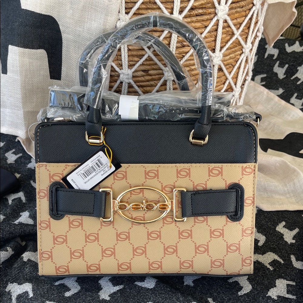bebe Beige and Black Satchel with Gold Accents